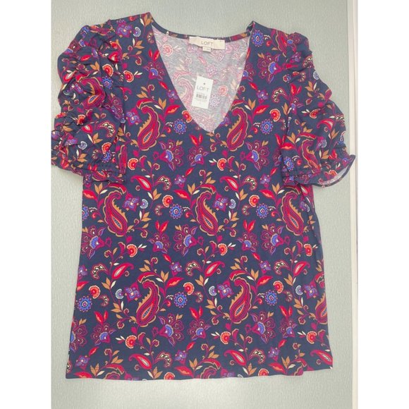 LOFT Women Paisley Ruffle Cinched Sleeve V-Neck Top Small - Picture 2 of 16